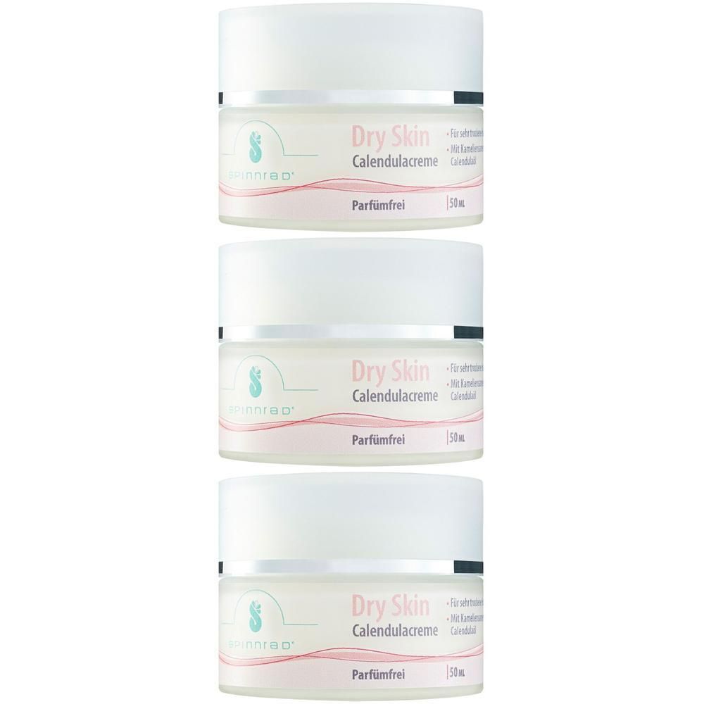 Drei Spinnrad Dry Skin Calendulacreme Tiegel mit je 50ml Inhalt. Parfümfrei.