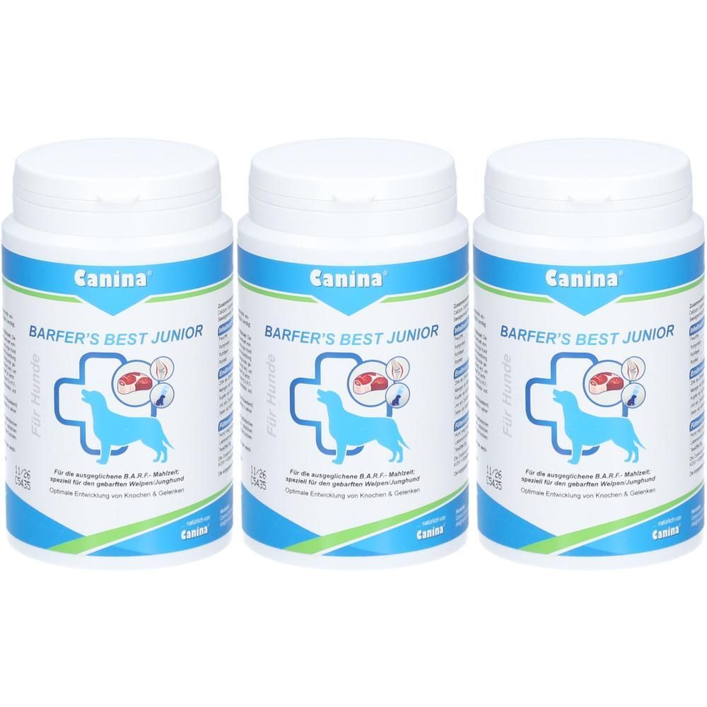 Drei Dosen Canina Barfer's Best Junior Hundefutter. Weiße Dosen mit blauem und grünem Etikett.