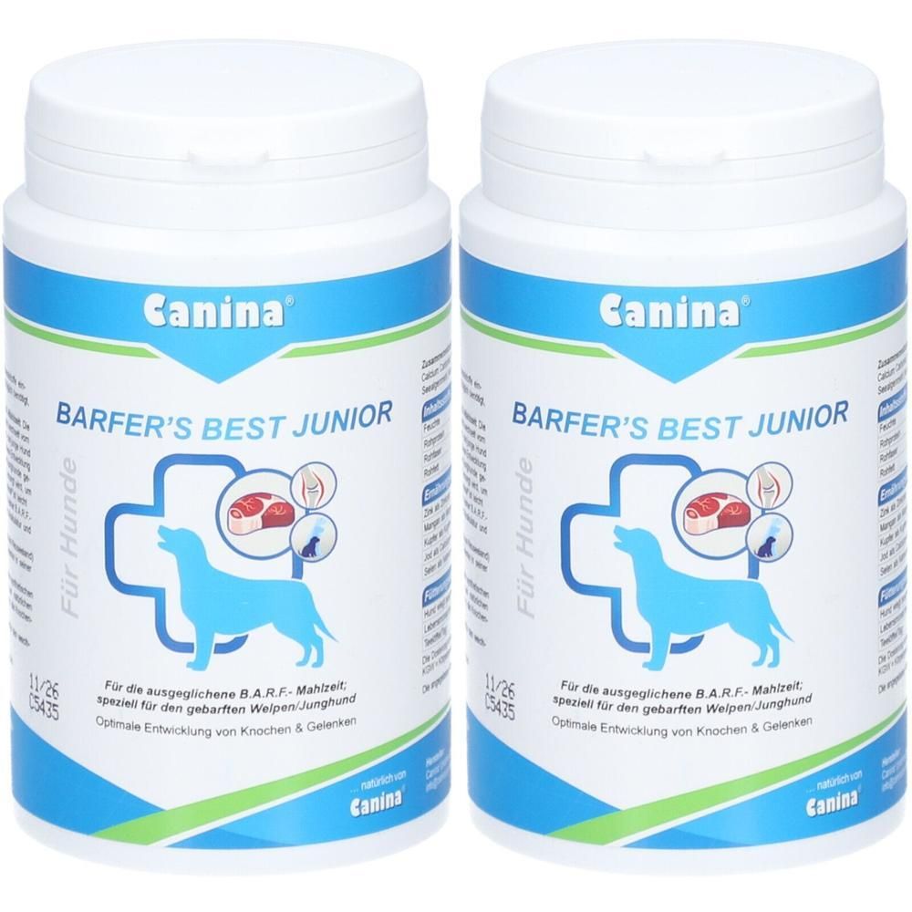 Zwei Dosen Canina Barfer's Best Junior Hundefutter. Blaue und weiße Verpackung mit Hundesilhouette und Fleischsymbolen.