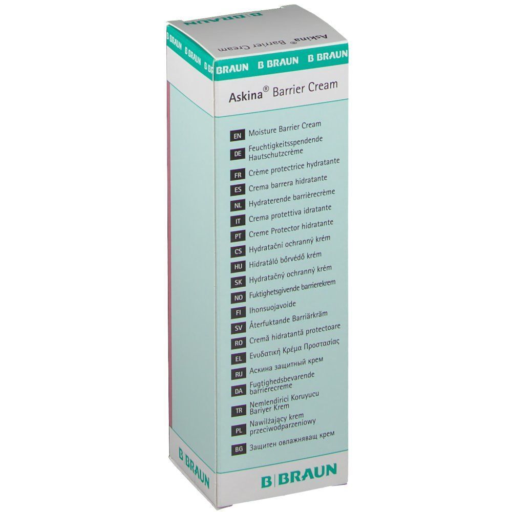 Askina® Barrier Cream Kartonverpackung mit mehrsprachigen Produktinformationen.
