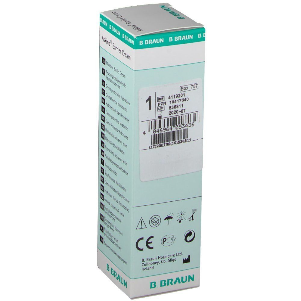Askina® Barrier Cream Kartonverpackung mit Chargennummer und CE-Kennzeichnung.