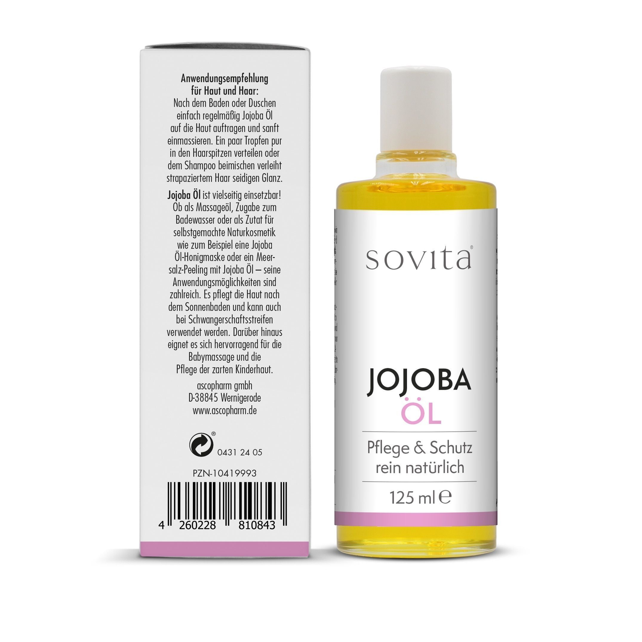 Eine Flasche SoVitabeauty Jojoba Öl Golden Balance, Vorder- und Rückseite der Verpackung.
