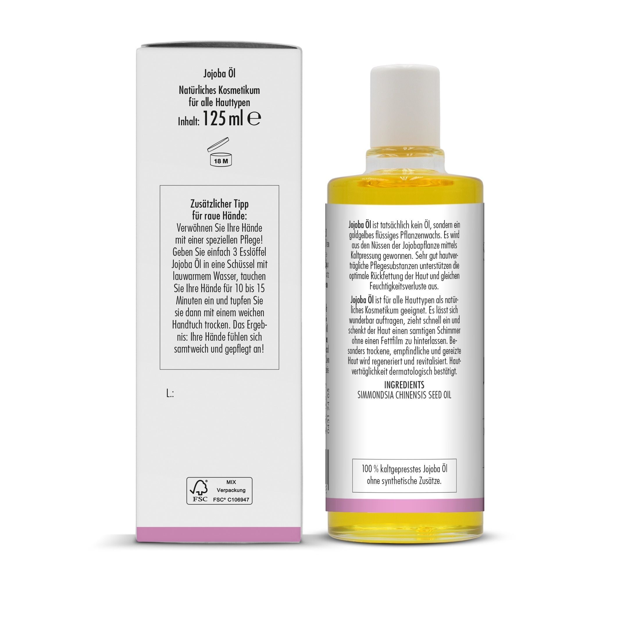 Eine Flasche SoVitabeauty Jojoba Öl Golden Balance, Vorder- und Rückseite der Verpackung.