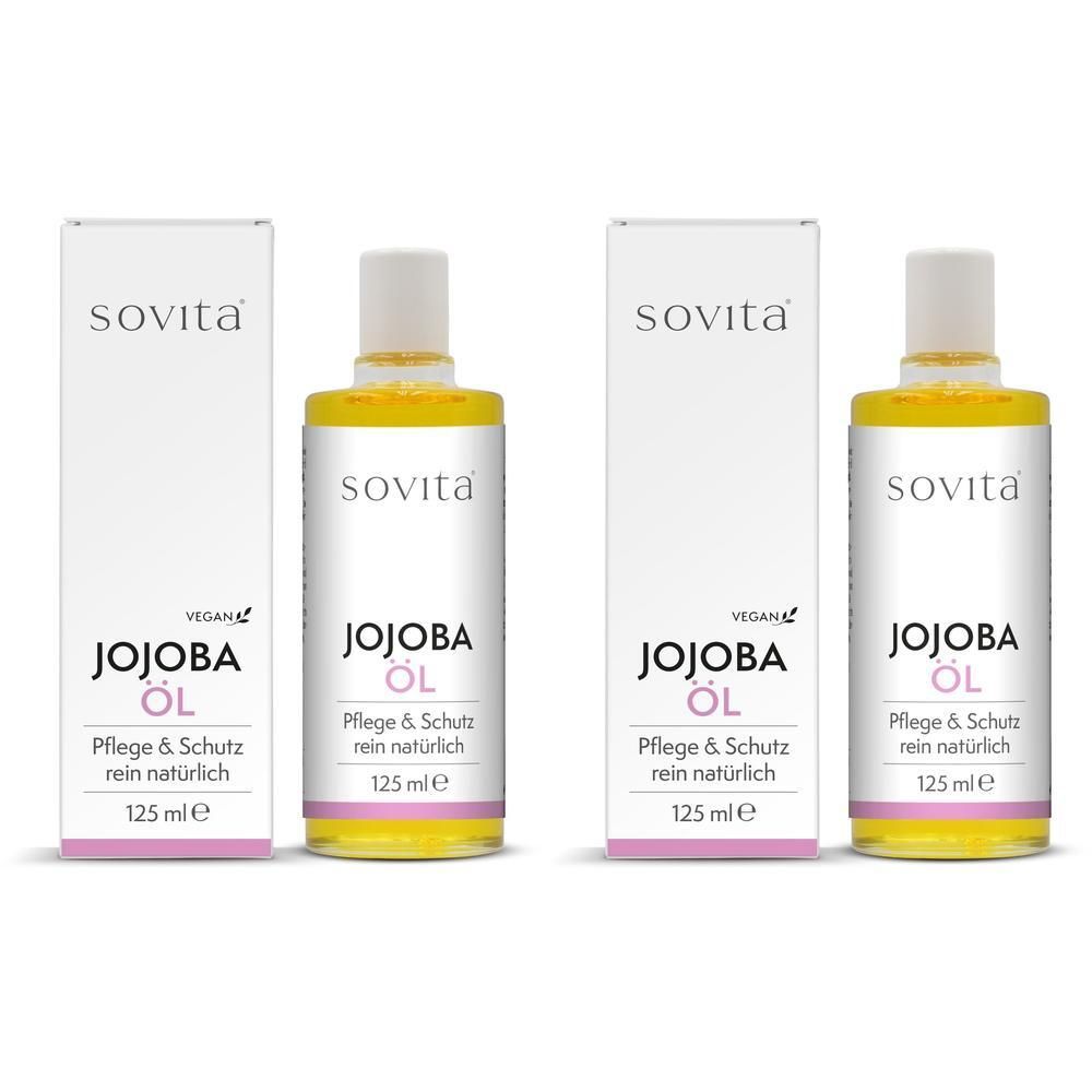 Zwei Flaschen und Schachteln Sovita Jojoba Öl, 125 ml.