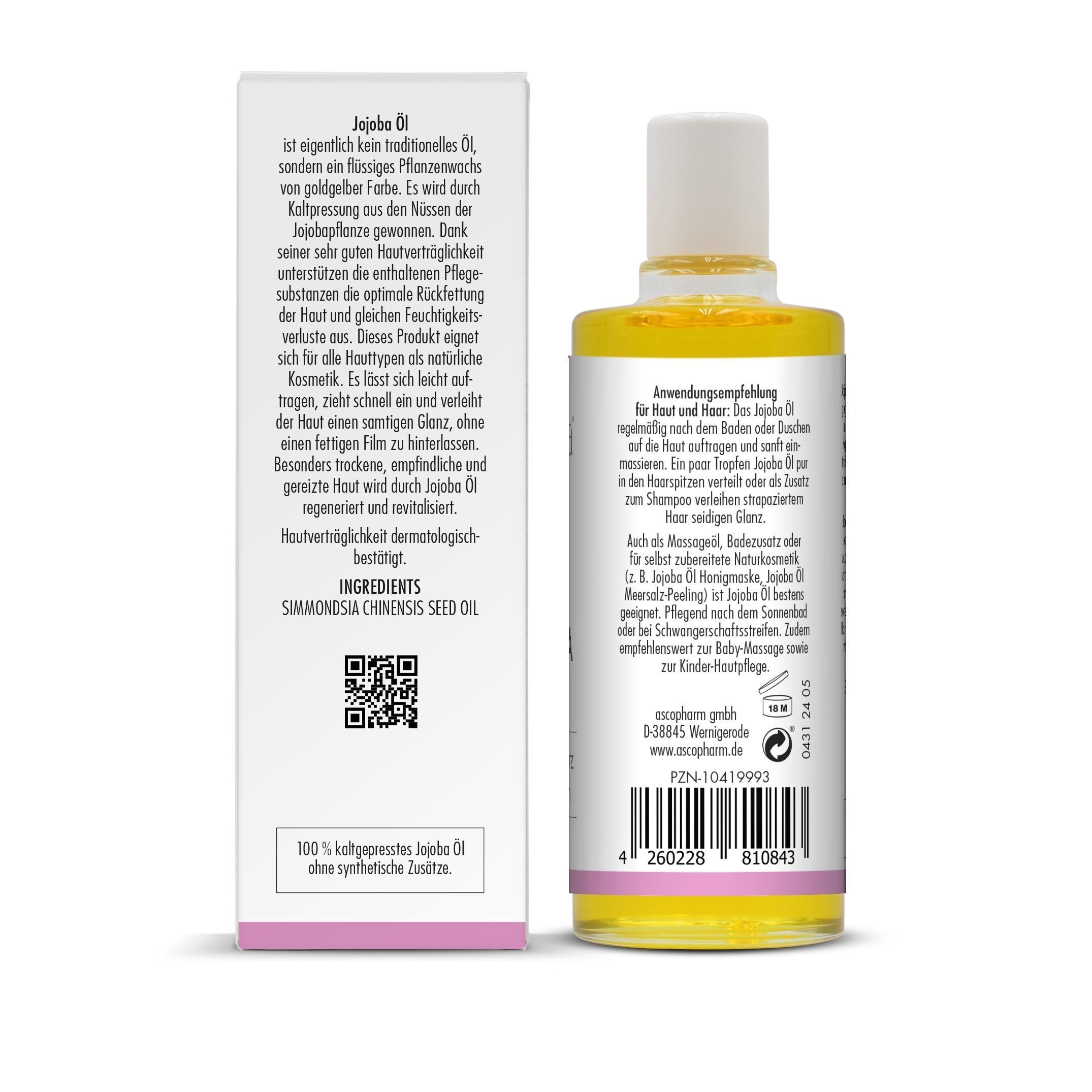 Sovita Jojoba Öl Flasche und Rückseite der Verpackung mit QR-Code und Anwendungshinweisen.