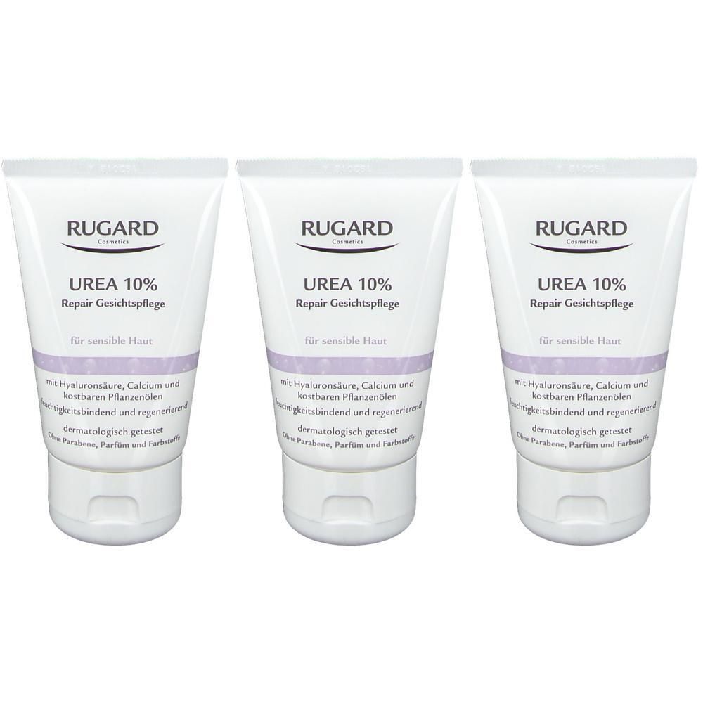 Drei RUGARD Urea 10% Repair Gesichtscreme-Tuben für sensible Haut.