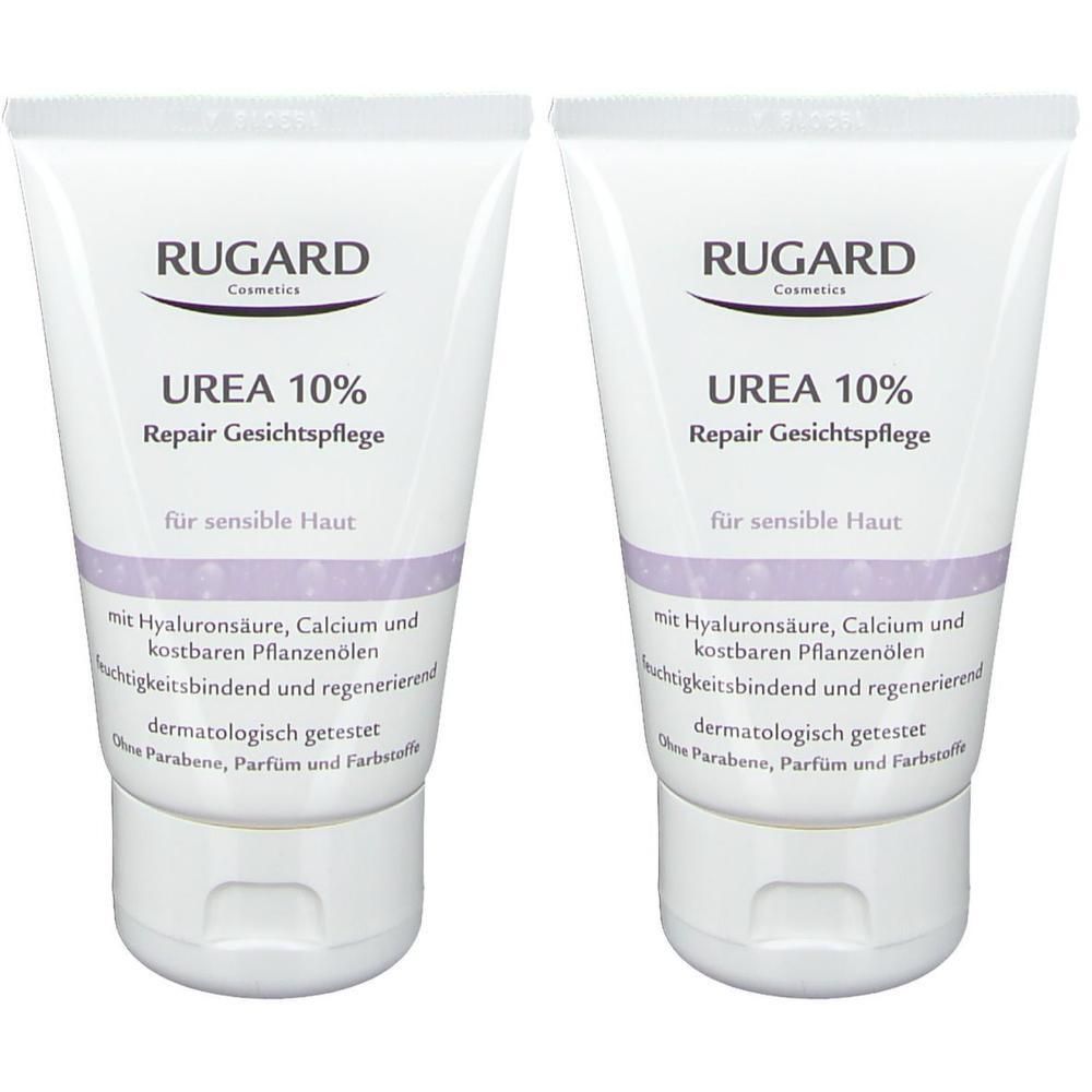 Zwei RUGARD Urea 10% Repair Gesichtscreme Tuben für sensible Haut.