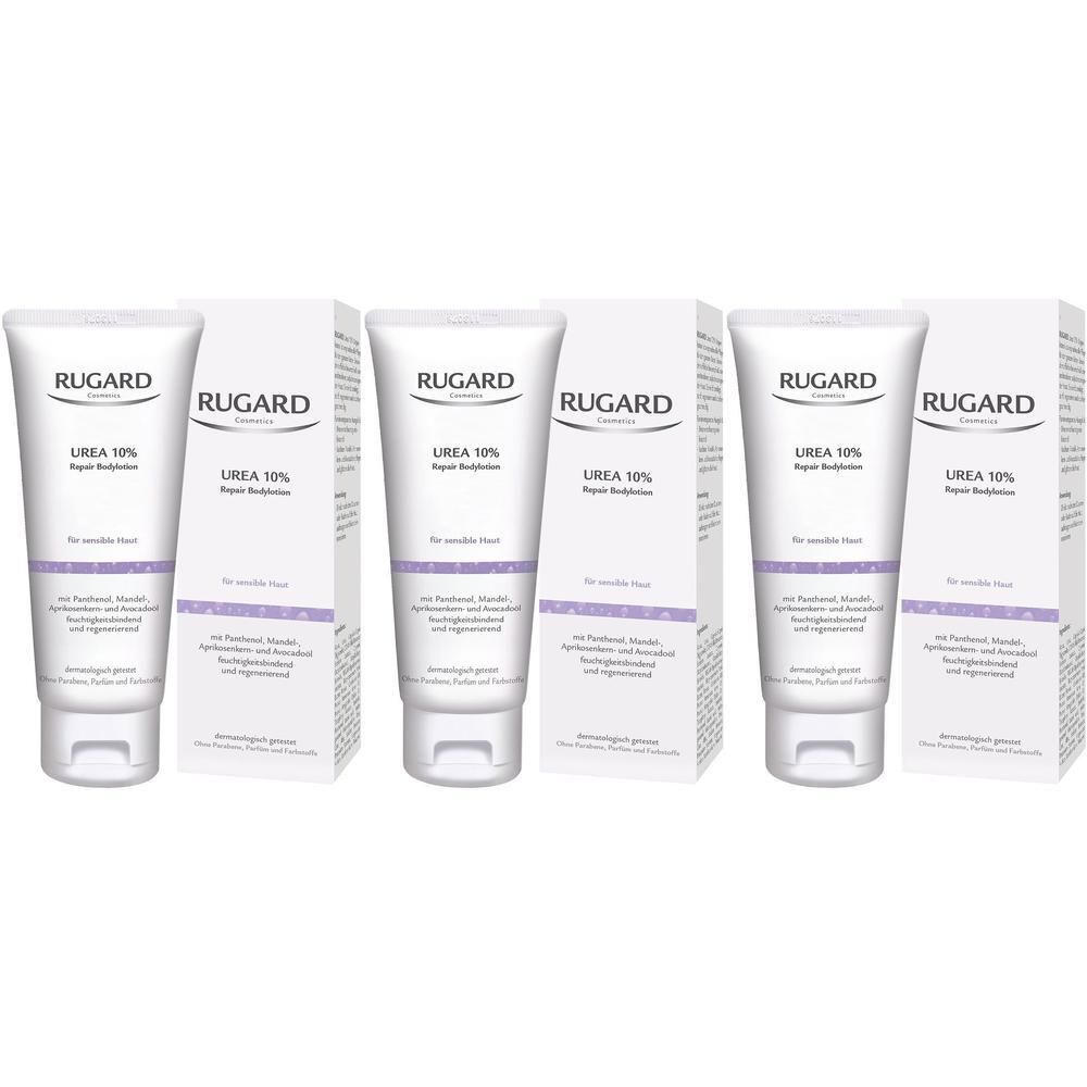 Drei Tuben und Kartons RUGARD Urea 10% Repair Bodylotion für empfindliche Haut.