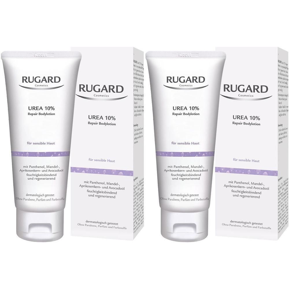 Zwei RUGARD Urea 10% Repair Bodylotions in Tuben und Kartons. Für empfindliche Haut.