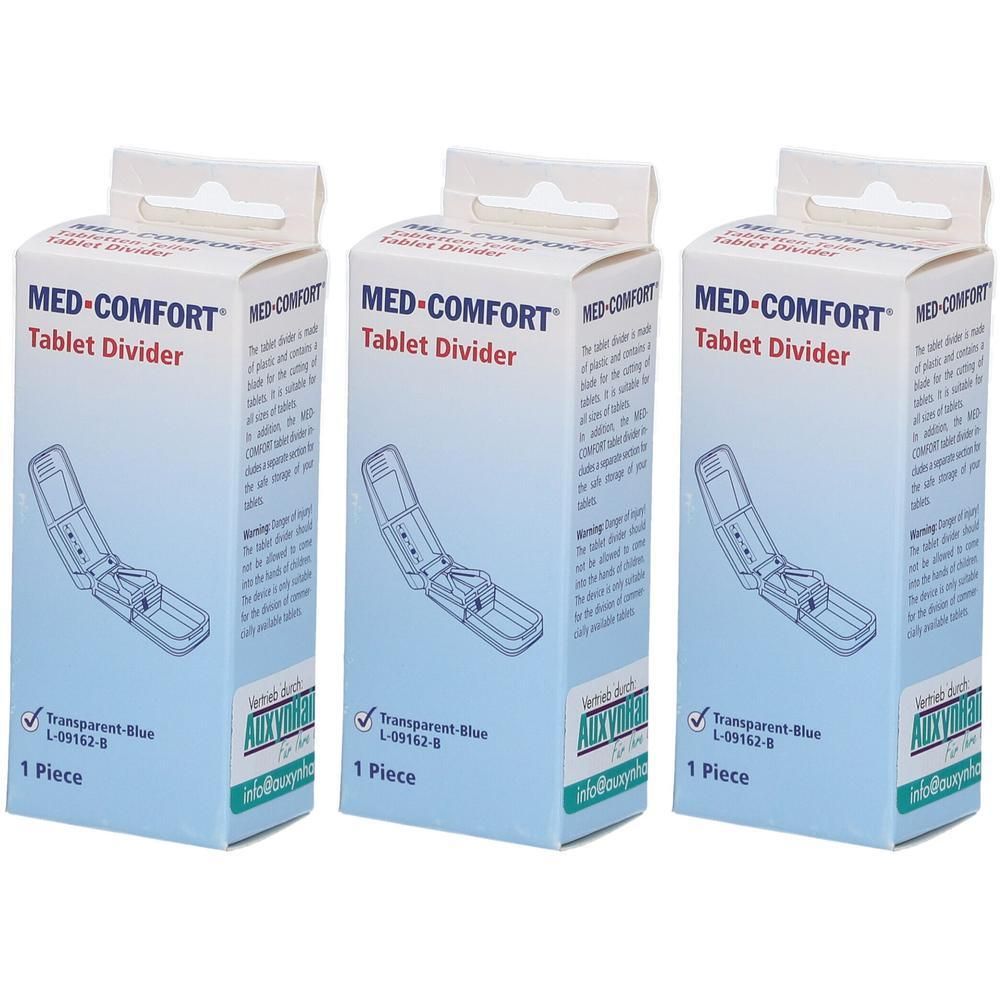 Drei Schachteln Med-Comfort Tablettenteiler, blau-transparent, jeweils 1 Stück.