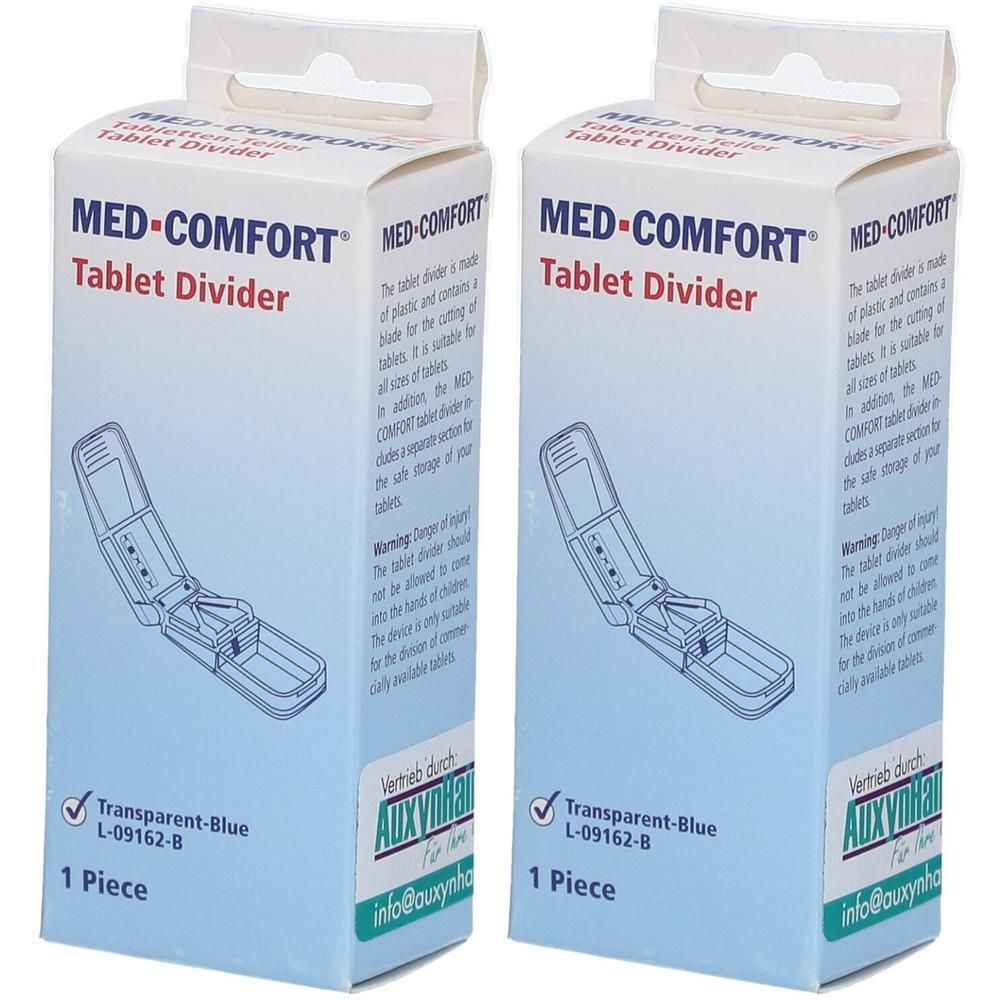 Zwei Packungen Med-Comfort Tablettenteiler, blau-transparent, mit Abbildung des Produkts und Hinweisen.