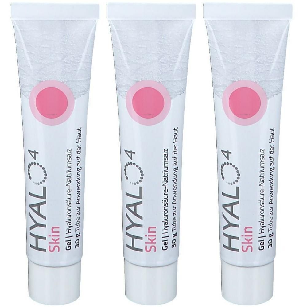 Drei Tuben Hyalo4 Skin Gel mit Hyaluronsäure-Natriumsalz, je 30g.