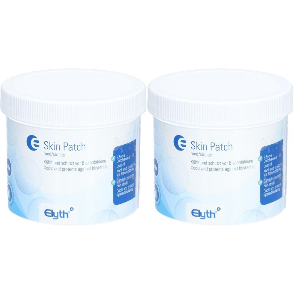 Zwei runde Elyth Skin Patches in runden Behältern. Durchmesser 7,5 cm. Kühlen und schützen vor Blasenbildung.
