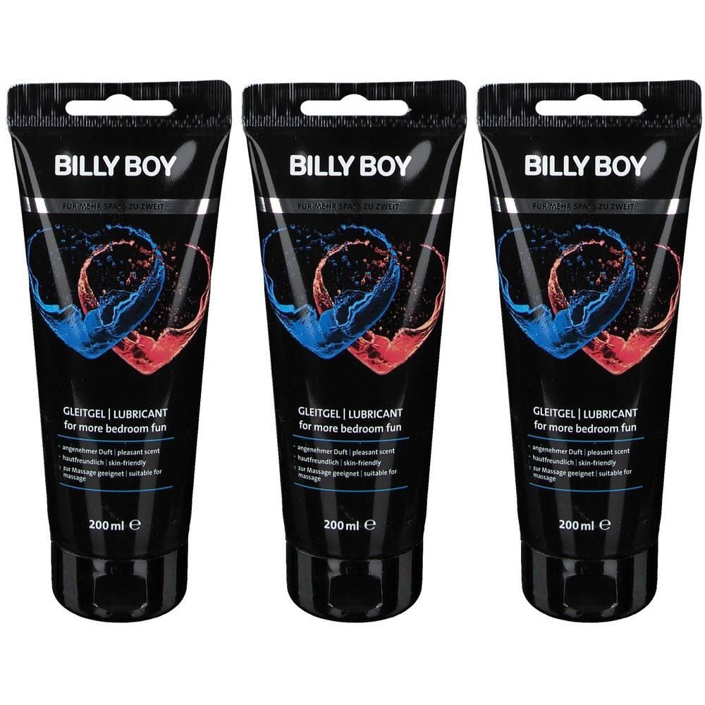 Drei schwarze Tuben BILLY BOY Gleitgel, jeweils 200 ml, mit Herz-Symbolen.