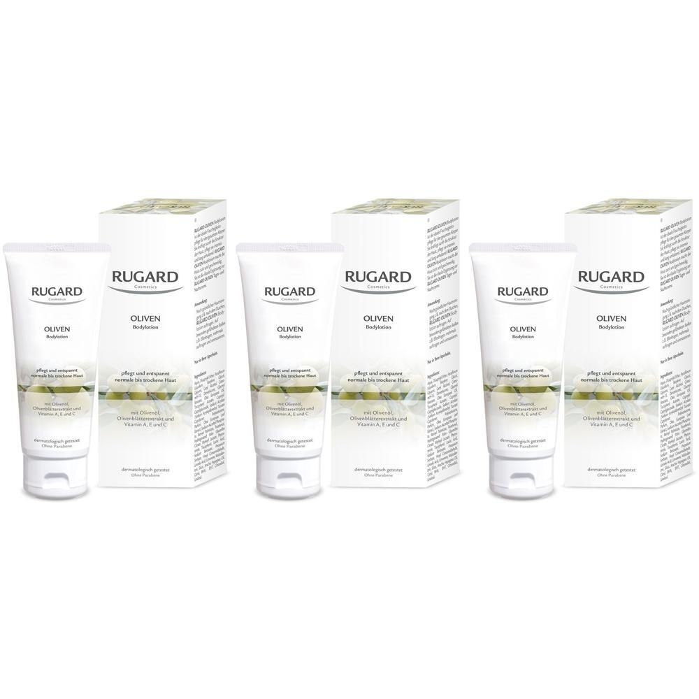 Drei Tuben und Kartons RUGARD Oliven Bodylotion mit Olivenöl und Vitamin E.