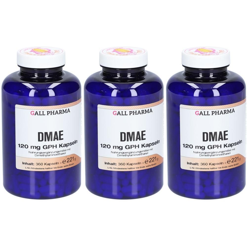 Drei blaue Behälter mit DMAE Kapseln, 120 mg GPH. Jede Flasche enthält 360 Kapseln.
