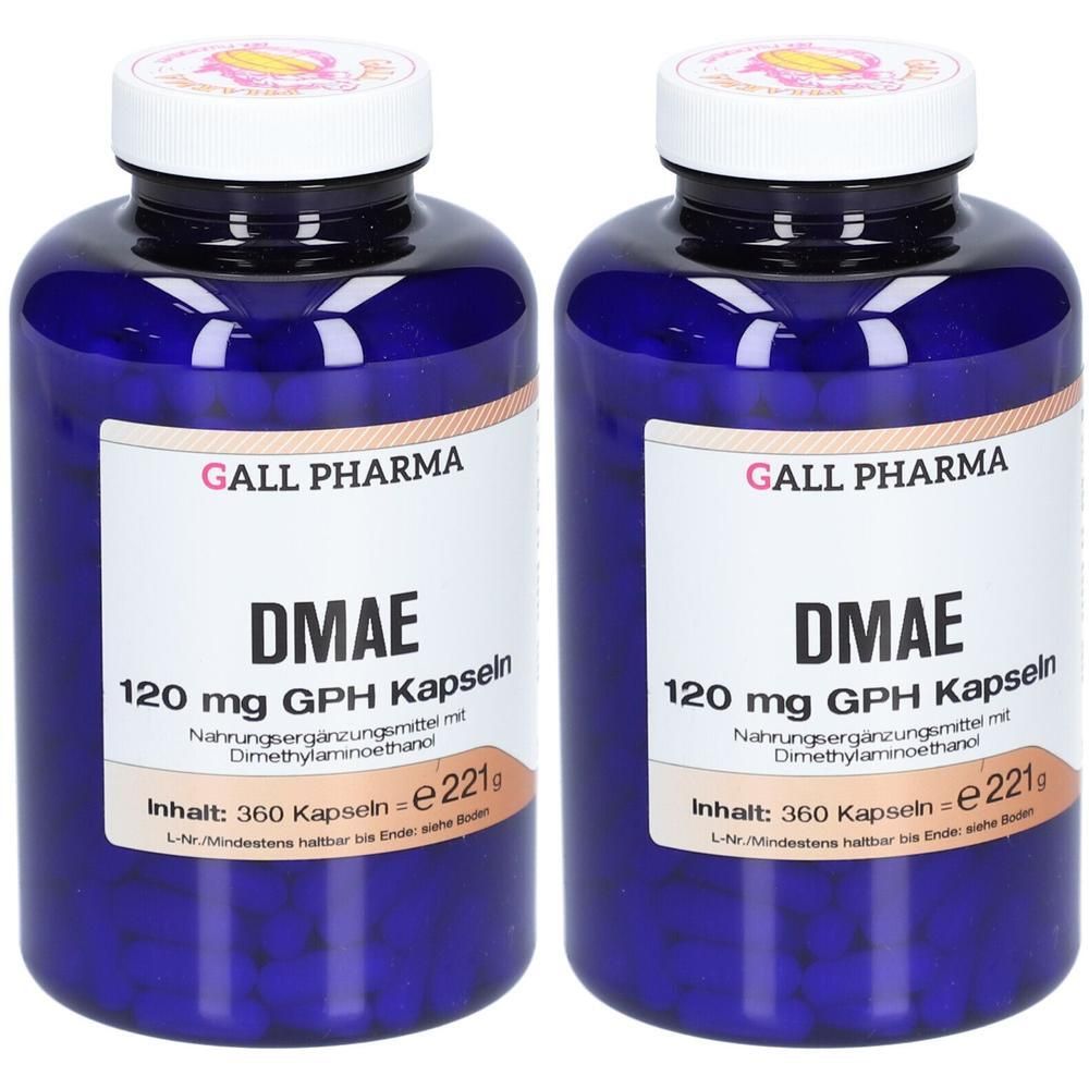 Zwei blaue Flaschen GALL PHARMA DMAE 120 mg GPH Kapseln, jede enthält 360 Kapseln.