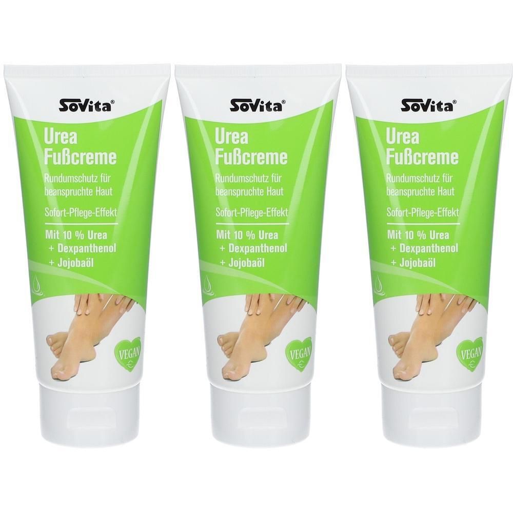 Drei Tuben SoVitacare Urea Fußcreme mit 10% Urea, Dexpanthenol und Jojobaöl. Für trockene Haut.