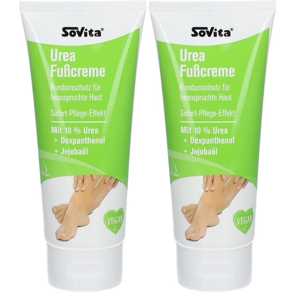 Zwei Tuben SoVita Urea Fußcreme mit 10% Urea, Dexpanthenol und Jojobaöl. Zeigt Füße und ein veganes Siegel.