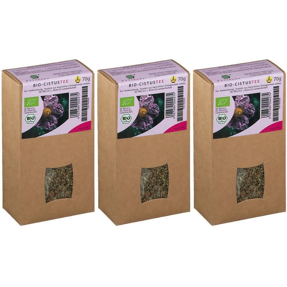 Drei Packungen Bio-Cistus Tee, jeweils 70g. Braune Kartonverpackung mit Sichtfenster.