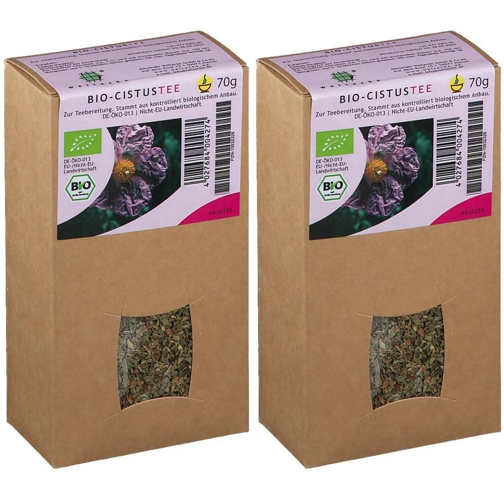 Zwei Packungen Bio-Cistus Tee, je 70g, mit Sichtfenster.