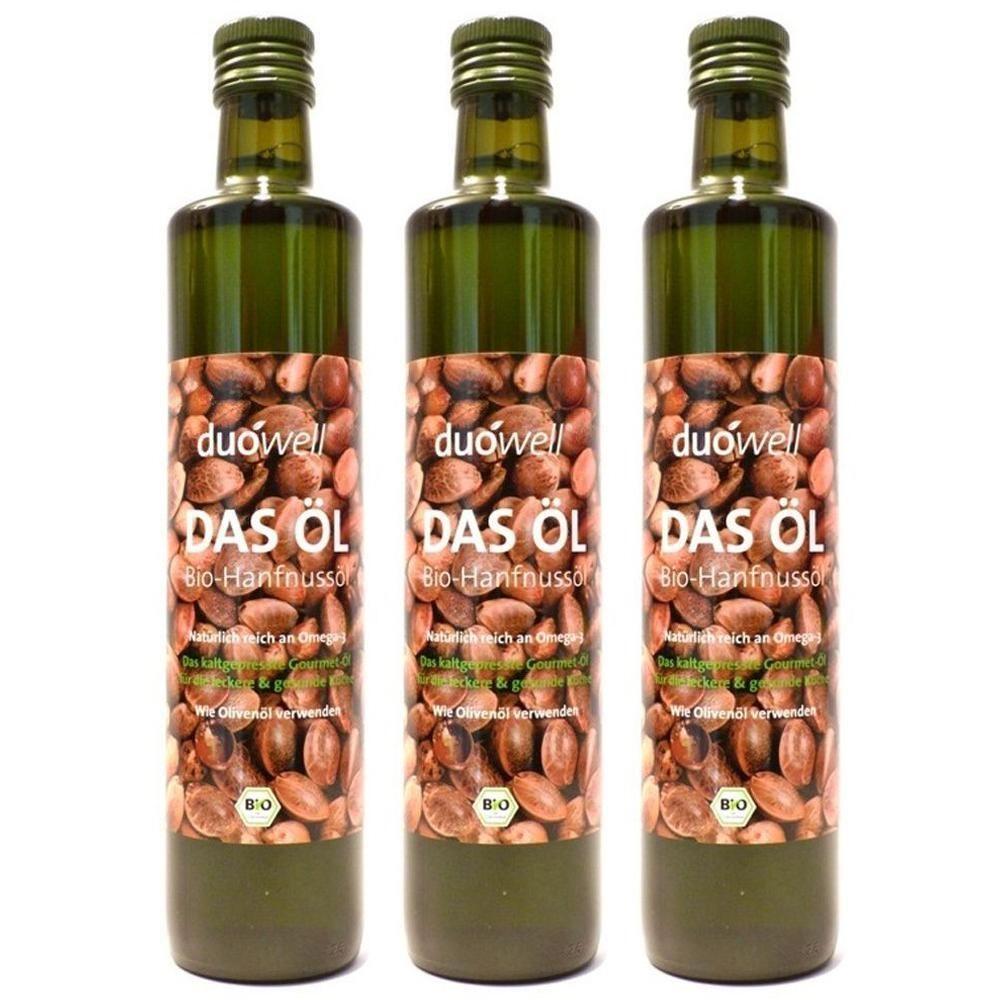 Drei Flaschen duówell Bio Hanfnussöl mit Etikett, das Hanfsamen zeigt.