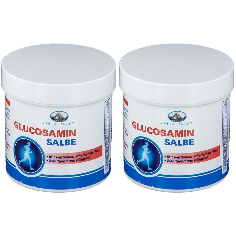 Zwei weiße Tiegel mit Glucosamin Salbe. Vorderseite zeigt Läufer-Symbol und Text.
