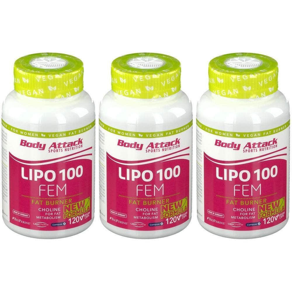 Drei weiße Behälter mit gelben Deckeln, die Body Attack LIPO 100 FEM Fat Burner enthalten.