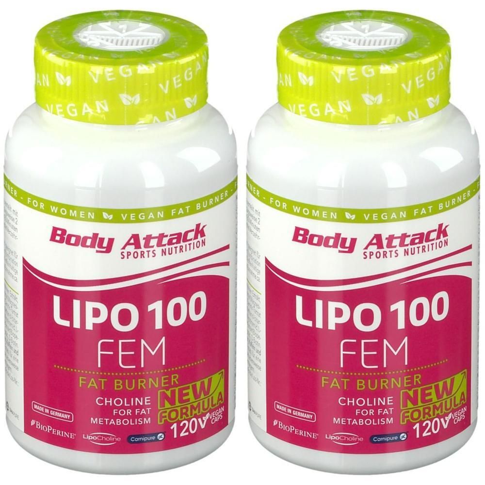 Zwei Behälter Body Attack LIPO 100 FEM Fat Burner für Frauen, vegane Kapseln.
