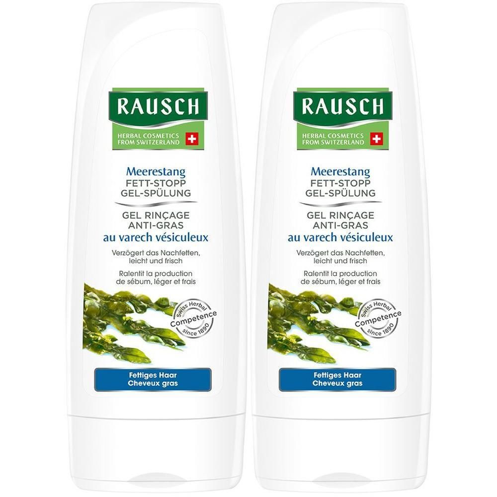 Zwei Flaschen RAUSCH Meerestang Fett-Stopp Gel-Spülung mit Algenabbildung und Schweizer Kreuz.