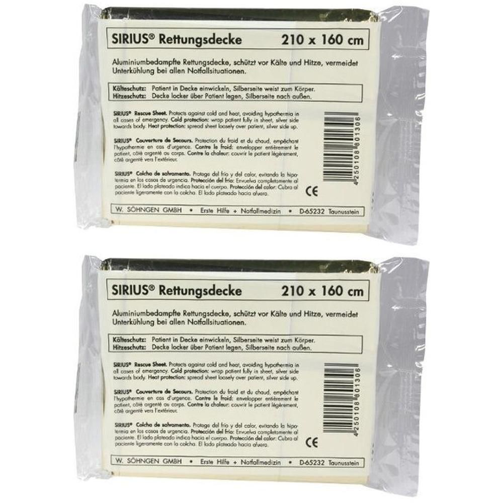 Zwei SIRIUS Rettungsdecken, 210 x 160 cm, in Einzelverpackung.