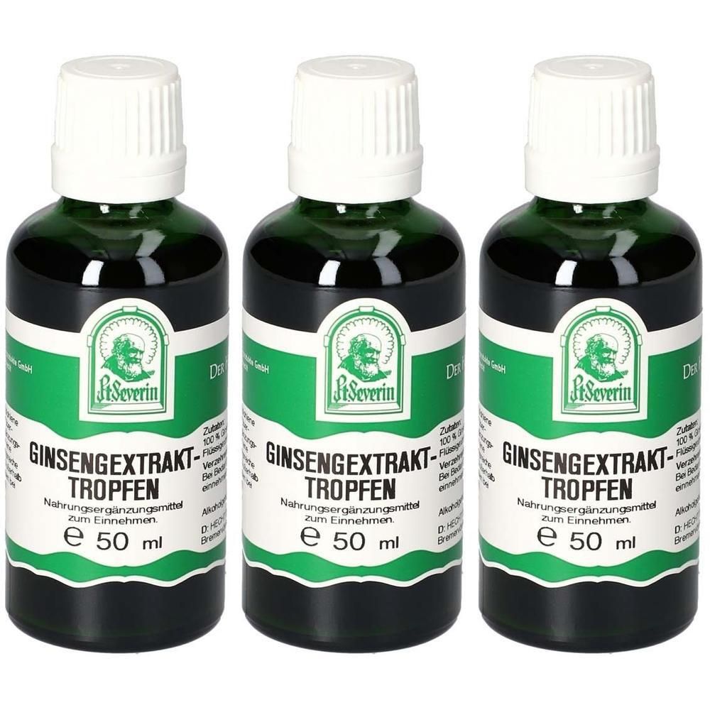 Drei grüne Tropfflaschen mit weißem Verschluss, gefüllt mit GINSENG EXTRAKT Tropfen.