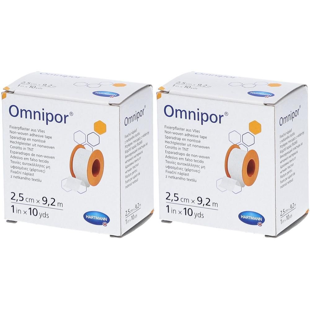 Zwei Packungen Omnipor Spulenpflaster, 2,5 cm x 9,2 m, Vliesstoff, hautfarben.