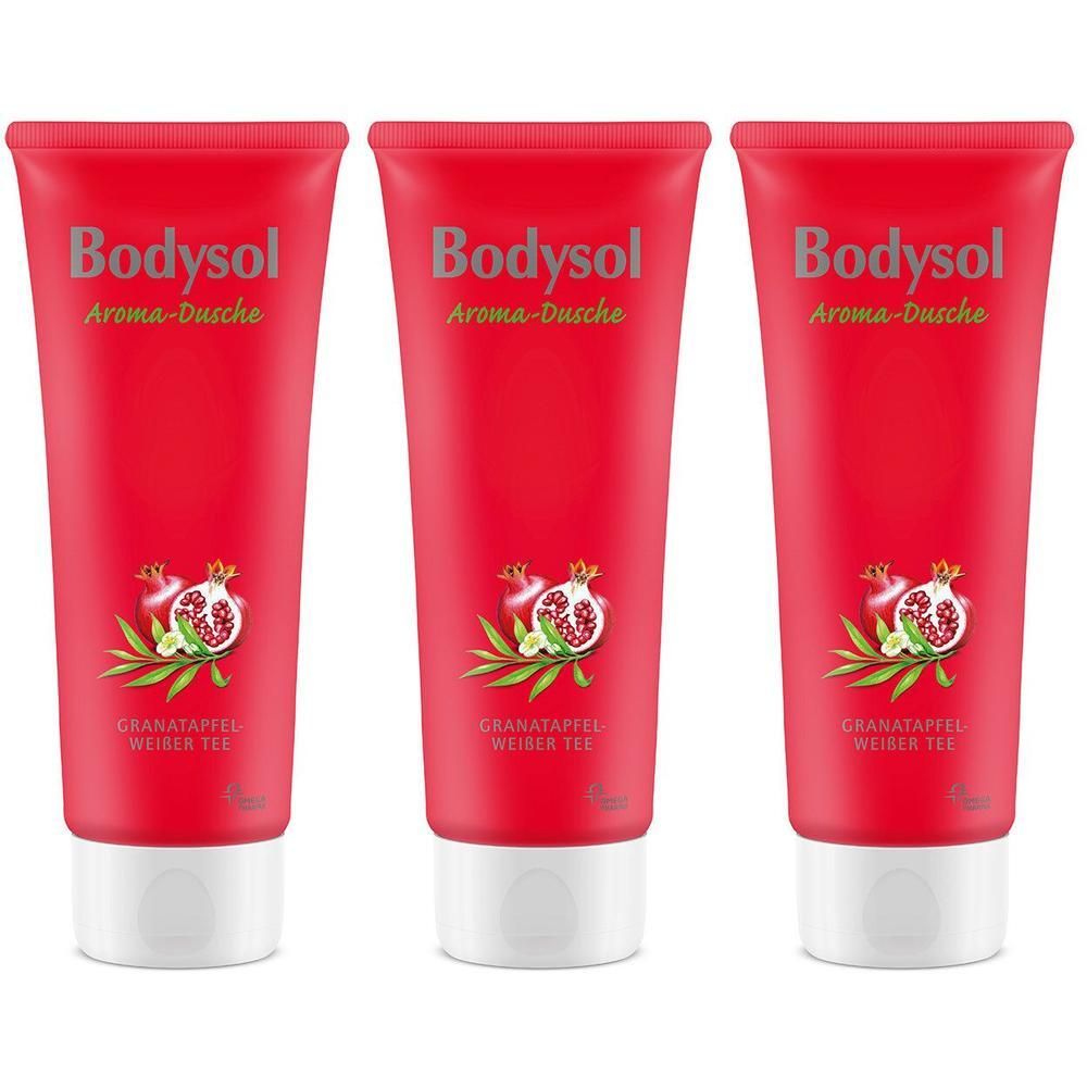 Drei rote Bodysol Aroma-Dusche Granatapfel-Weißer Tee Tuben mit Granatapfel-Motiv.