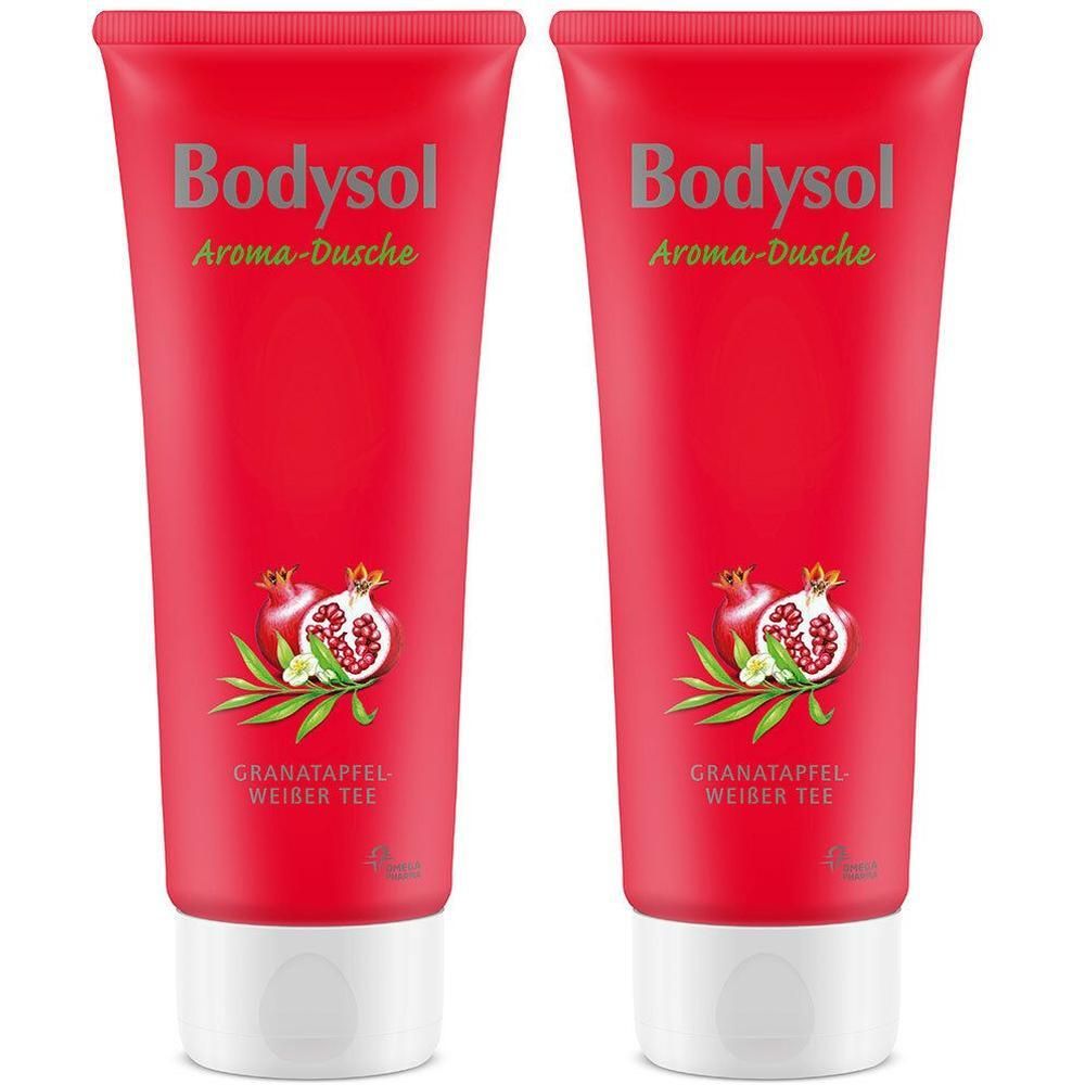 Zwei rote Tuben Bodysol Aroma-Dusche Granatapfel-Weißer Tee mit Abbildung von Granatäpfeln und Blättern.