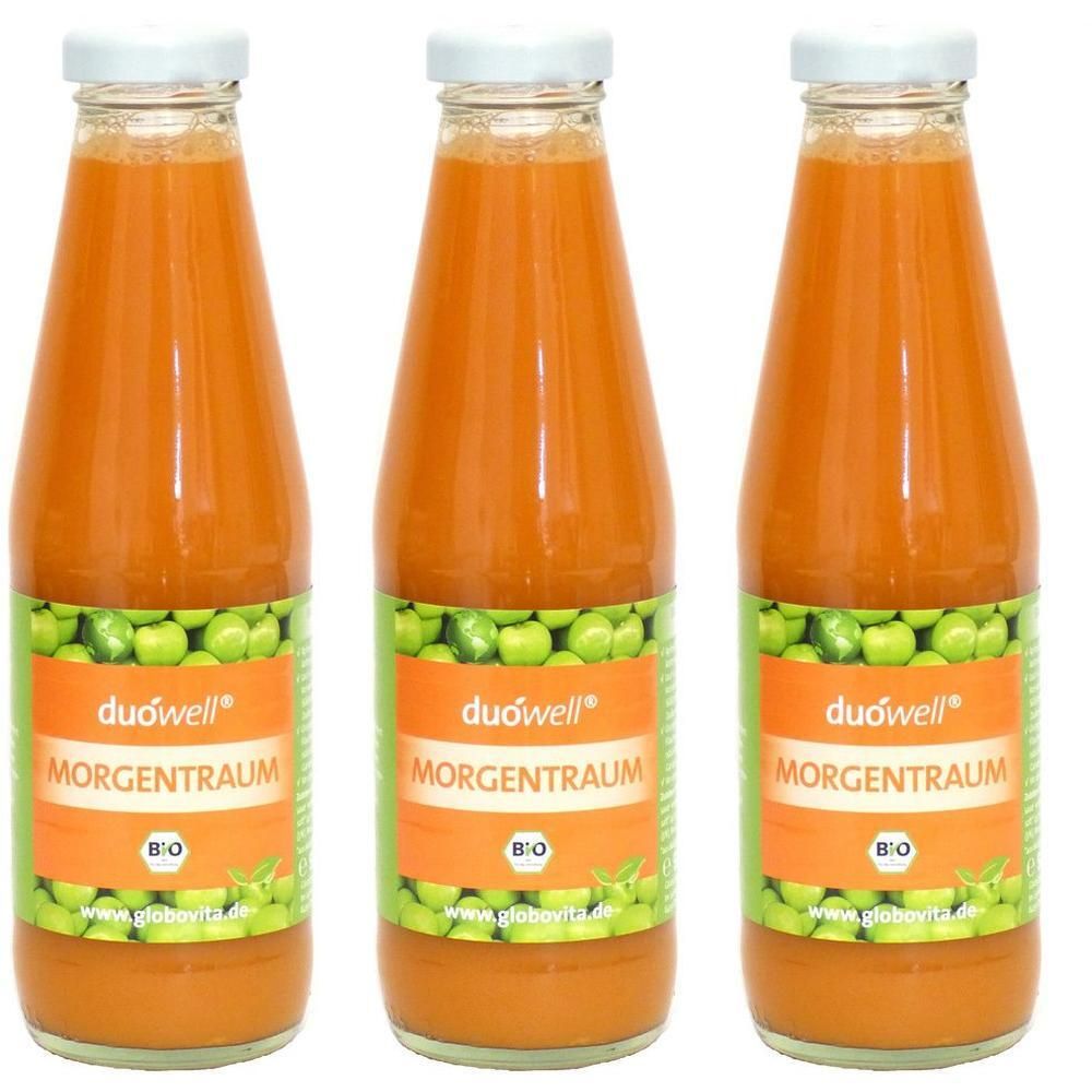 Drei Glasflaschen mit orangefarbenem Saft, Etikett mit "duówell® Morgentraum" und "BIO"-Siegel.