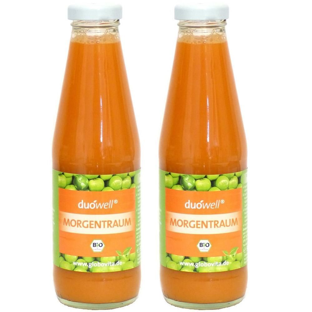 Zwei Glasflaschen mit duówell® Morgentraum Saft. Orangefarbene Flüssigkeit mit Bio-Siegel.