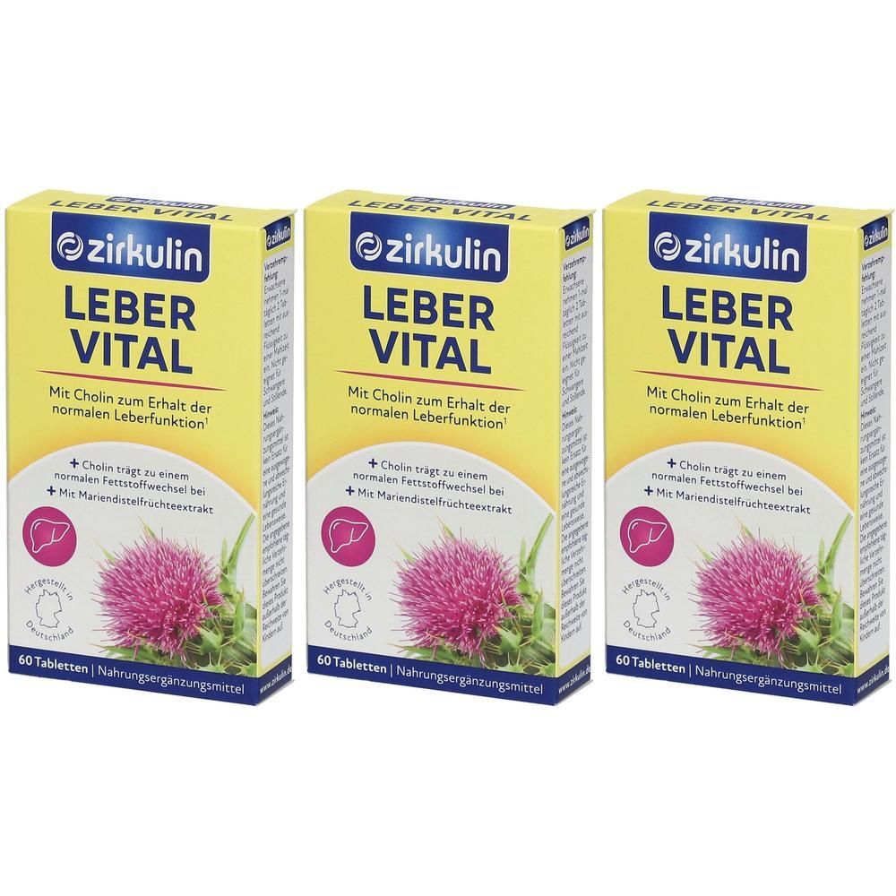 Drei Packungen Zirkulin Leber-Vital Mariendisteldragees mit je 60 Tabletten. Gelbe Kartonverpackung mit Abbildung einer Mariendistel.