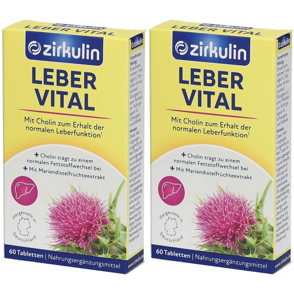 Zwei Packungen Zirkulin Leber-Vital Mariendisteldragees, gelbe Kartons mit lila und grünen Akzenten. Zeigt eine Mariendistelblüte und eine Leber-Silhouette.