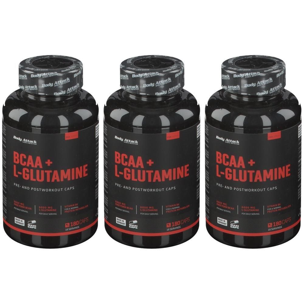 Drei schwarze Behälter mit Body Attack BCAA + L-Glutamin Kapseln, Pre- und Post-Workout-Ergänzung.