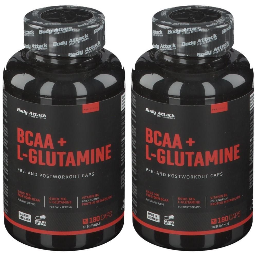 Zwei schwarze Behälter mit Body Attack BCAA + L-Glutamin Kapseln, 180 Kapseln pro Behälter.
