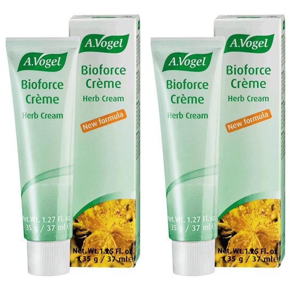 Zwei Tuben A. Vogel Bioforce Creme mit Kartonverpackung. "New formula" Aufkleber.