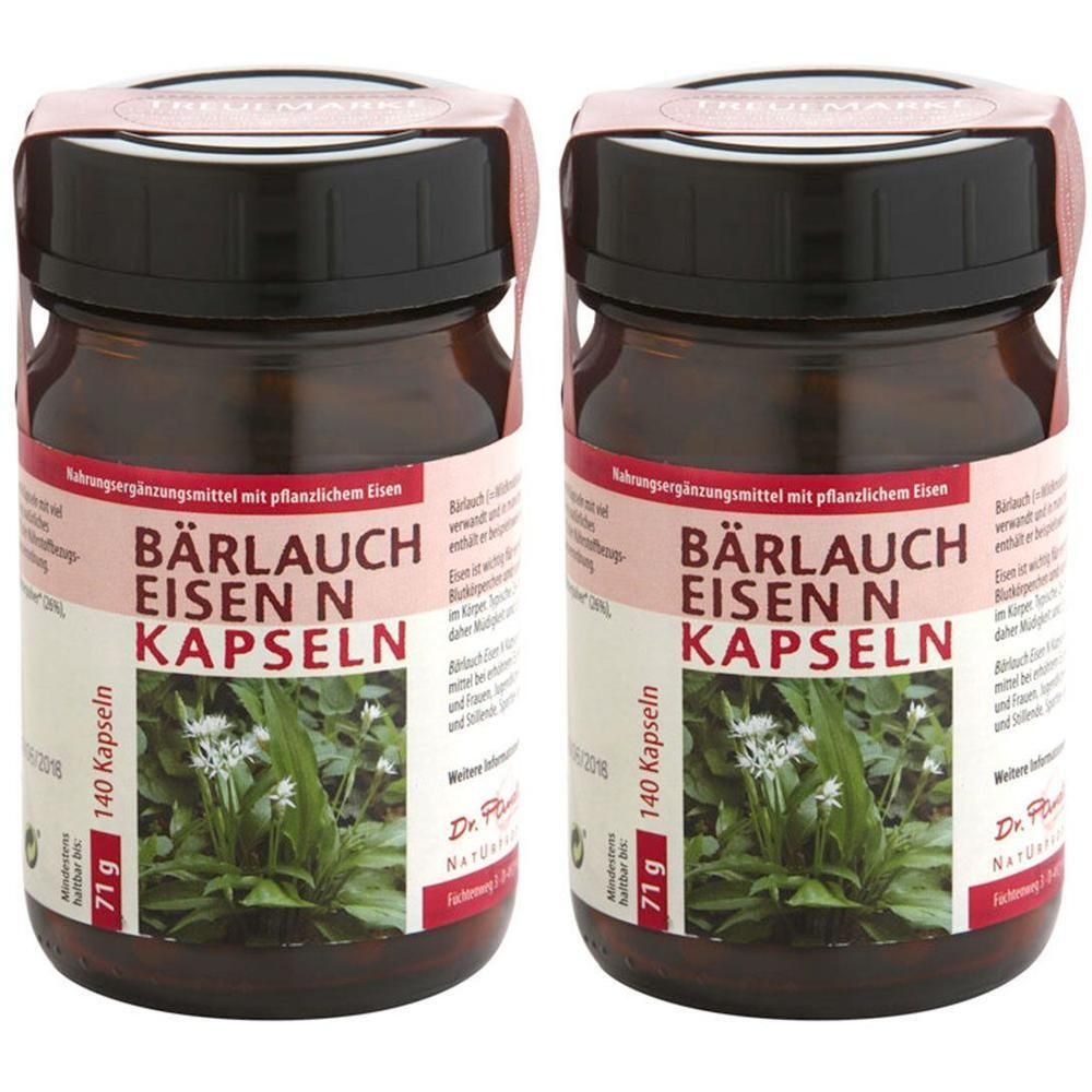 Zwei Braunglasflaschen mit Dr. Pandalis Bärlauch Eisen N Kapseln. Jede Flasche enthält 140 Kapseln.