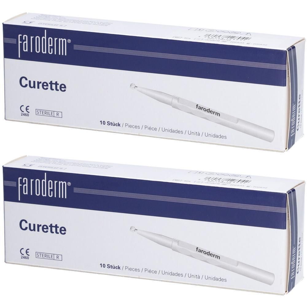 Zwei Packungen Faroderm Curette, steril, 10 Stück pro Packung. Weiße Kartons mit blauen Streifen.