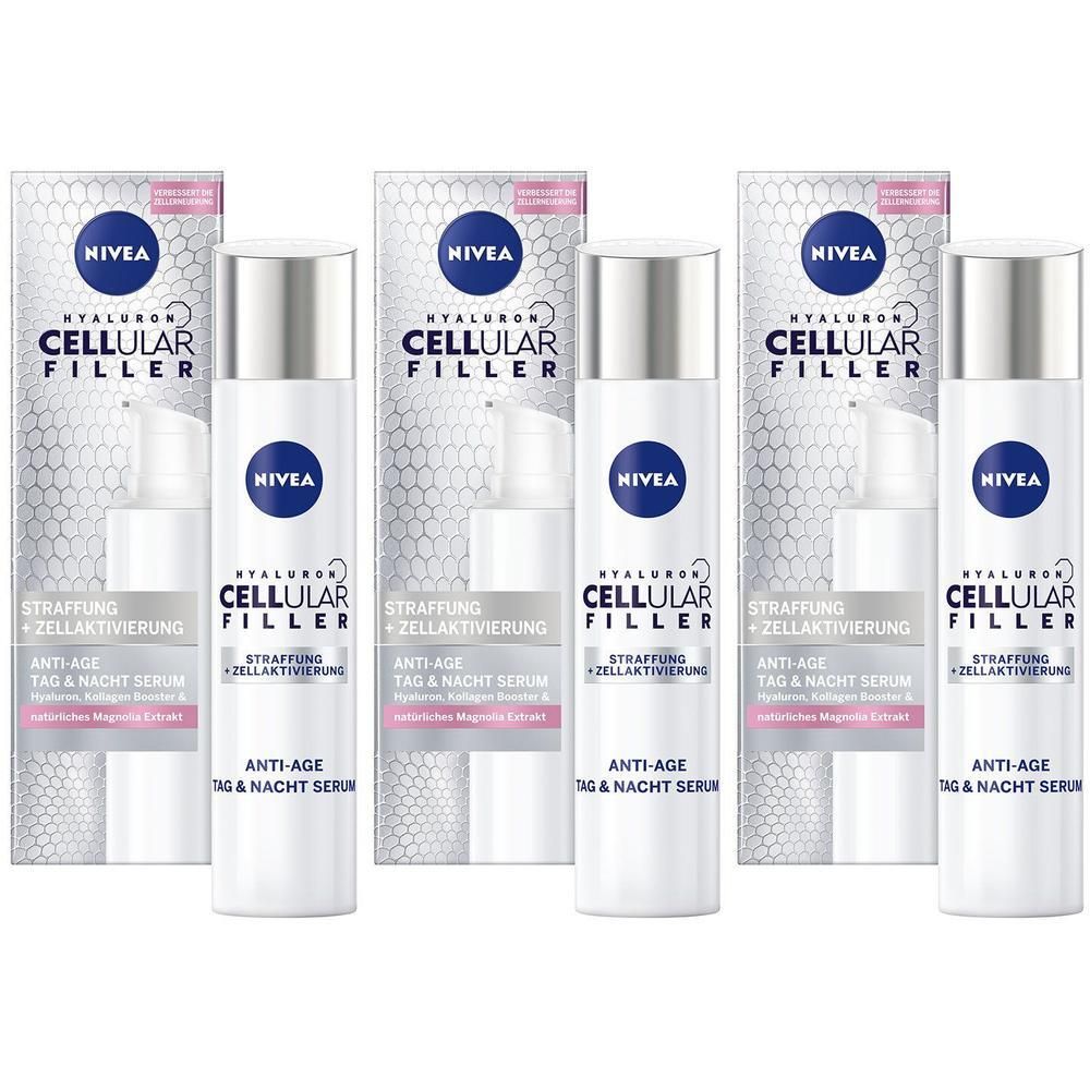Fünf Flaschen NIVEA CELLULAR Hyaluron Filler Anti-Age Tag & Nacht Serum mit Pumpspendern.