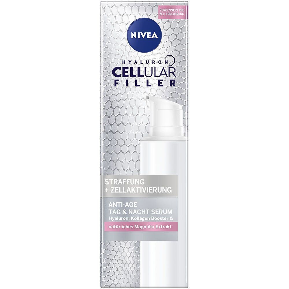 Verpackung NIVEA CELLULAR Hyaluron Filler Anti-Age Tag & Nacht Serum mit Pumpspender.