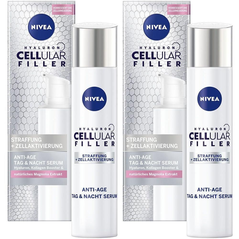 Zwei NIVEA CELLULAR Hyaluron Anti-Age Tag & Nacht Seren im Karton.