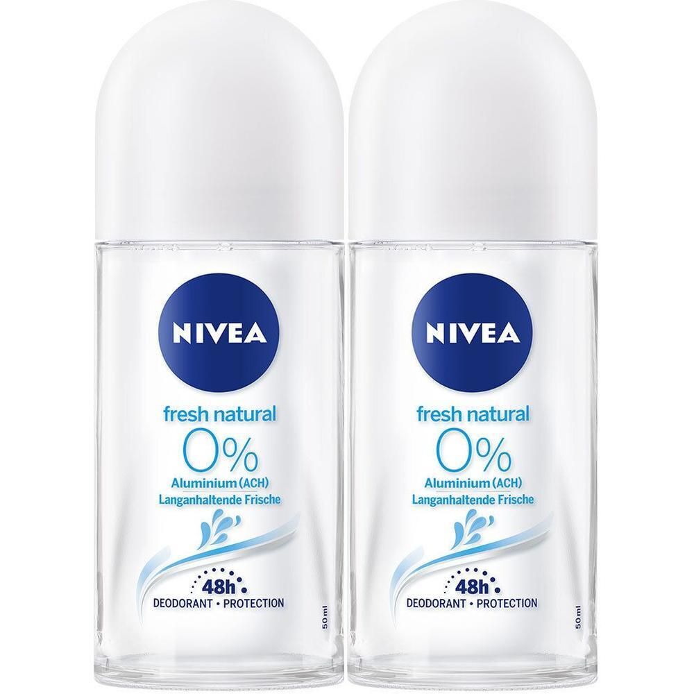 Zwei NIVEA Fresh Natural Roll-On Deodorants mit 0% Aluminium (ACH) und 48h Schutz.