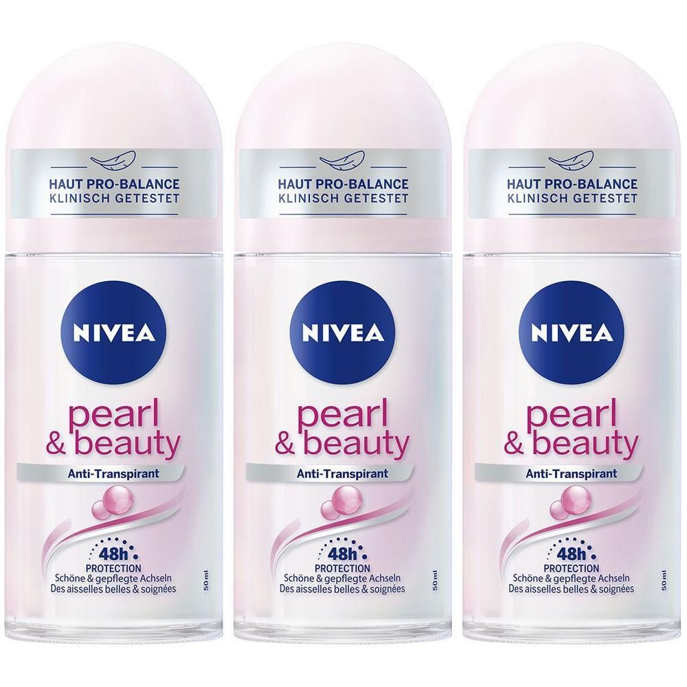 Drei NIVEA Pearl & Beauty Anti-Transpirant Roll-ons mit 48h Schutz. Klinisch getestet.