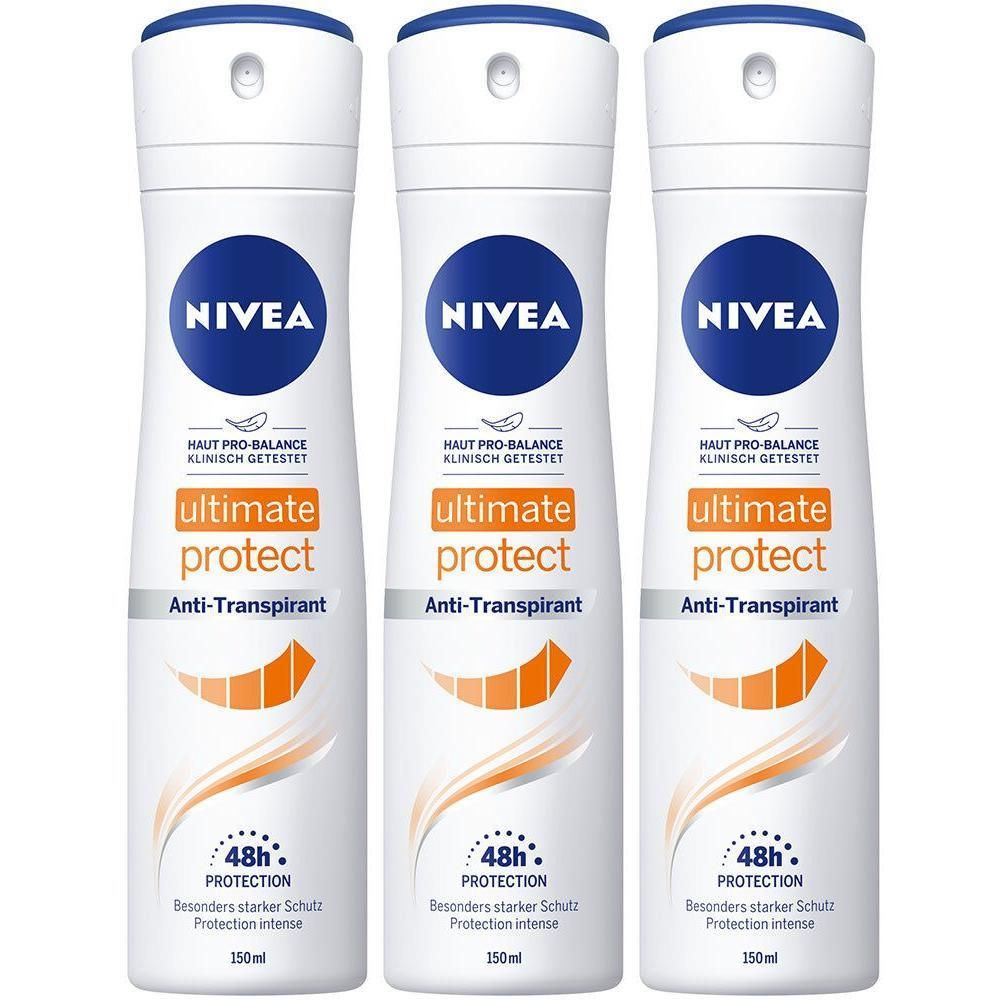 Drei NIVEA Stress Protect Ultimate Protect Anti-Transpirant Sprays mit 48h Schutz.